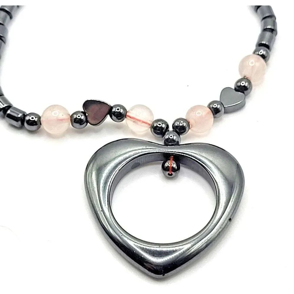 Hematite and Quartz Heart Shaped Beaded Necklace 18.5in